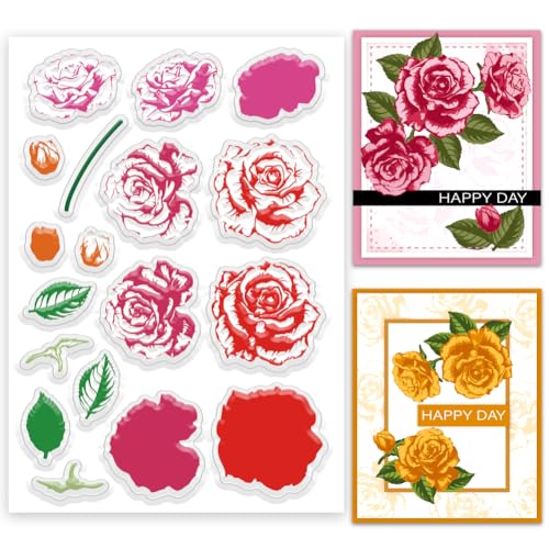 INFUNLY Bunte Geschichtete Rosen Klare Stempel Für Die Kartengestaltung 6.3x4.3" wiederverwendbare Rote Rosen Klare Silikonstempel Rosenblüten Transparente Siegel Gummistempel Für DIY Scrapbooking Fot von INFUNLY