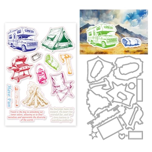 INFUNLY Camping-Stempel Und -Stanzform Zum Gestalten von Karten Größe A4 Zelt-Stempel Aus Gummi Bunte Tourenwagen-Stempel Transparente Stempel Mit Outdoor-Reise-Wörtern Und -Phrasen Transparente Stemp von INFUNLY