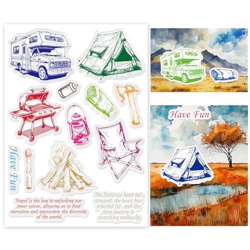 INFUNLY Camping-Stempel Zum Gestalten von Karten, Campingzelt-Stempel Aus Transparentem Gummi, Tourenwagen-Stempel, Outdoor-Reiseserie Und Reisesätze, Wörter, Muster, Transparente Stempel Zum Gestalte von INFUNLY