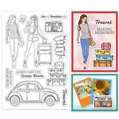 INFUNLY Fashion Women Travel Clear Stamp 6.3x4.3 Lady Bag Trunk Transparente Stempel Urlaubswort Silikonstempel Autokamera Gummistempel Siegel Für DIY Scrapbooking Fotoalbum Journaling Handwerk Deko von INFUNLY