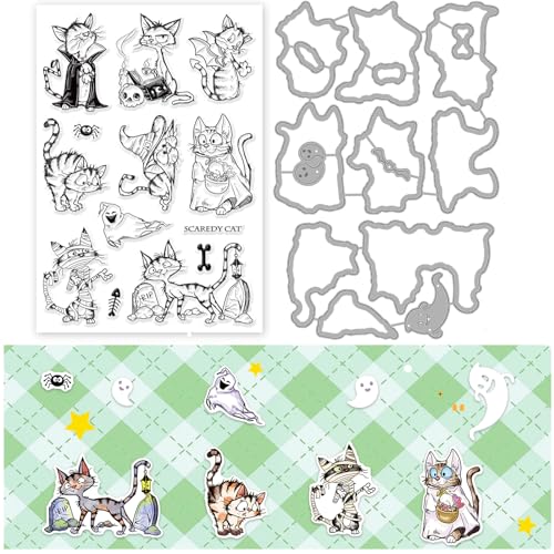 INFUNLY Halloween-Katze-Stanzform Und Stempel-Set Gruselige Katze Transparente Stempel Und Stanzformen Für Die Kartenherstellung Geistertier-Gummistempel Transparente Silikonstempel Für Bastelarbeiten von INFUNLY