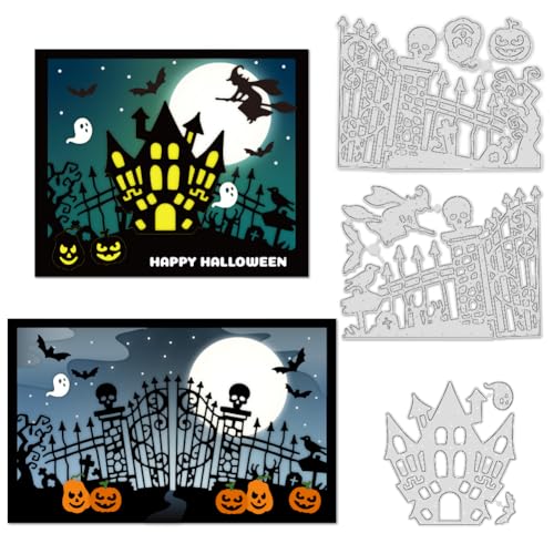 INFUNLY Halloween Stanzformen Zum Basteln von Karten Geisterhauszaun Stanzformen 3 Stil Hintergrund Haus Metall Gestanzte Grab Prägeschablone Vorlage Für DIY Scrapbooking Fotoalbum Basteldekor von INFUNLY