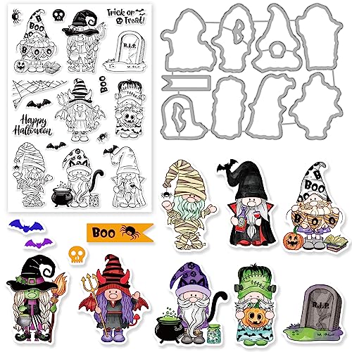 INFUNLY Halloween Zwerg Stanzform und Stempel Set Gnome Clear Stamps and Dies für Kartenherstellung Böse Zwerg Gummistempel Trick or Treat Silikonstempel für Bastelpapier DIY Scrapbooking Dekor von INFUNLY