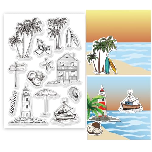 INFUNLY Klarer Stempel Mit Sommer- Und Strandmotiv, Meer, Transparentes Siegel, Ozeanmuster, Gummistempel Zur Kartengestaltung, Kokosnüsse, Bäume, Häuser, Leuchttürme, Boote, Klare Stempel Für Fotoalb von INFUNLY