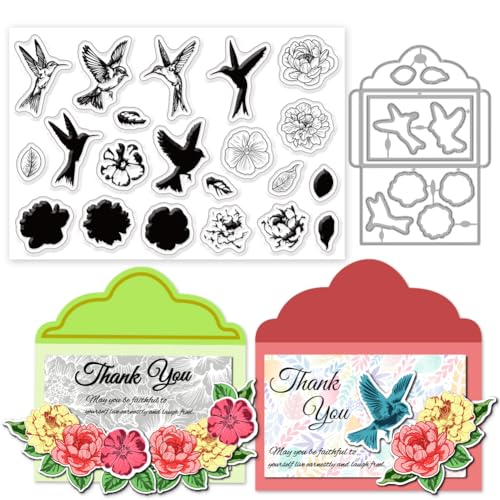 INFUNLY Kolibri-Stempel Und Stanzformen Zum Gestalten von Karten, Pfingstrosen-Blumen, Transparente Stempel, Pfingstrosen-Blumen, Stanzformen, Kolibri-Stanzformen, Geschichtete Blumen, Gummistempel Zu von INFUNLY