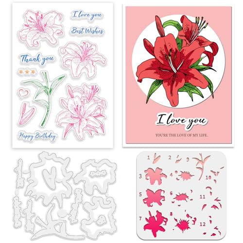 INFUNLY Lilienstempel Und Stanzformen Blumenmalschablonen 6.3 × 4.3" Pflanzen Transparente Stempel Und Stanzform Lilien Blumenschicht Hohles Malschablonen Set Für DIY Kartengestaltung Scrapbooking Ba von INFUNLY