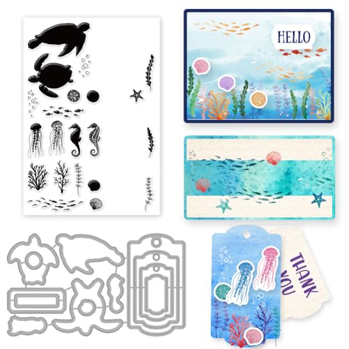 INFUNLY Meeres-Stanzformen Und Stempel-Set Meerestiere Transparente Stempel Und Schablonen Für Die Kartenherstellung Meeresschildkröten-Stempel Hippocampus Algen Quallen Gummistempel von INFUNLY