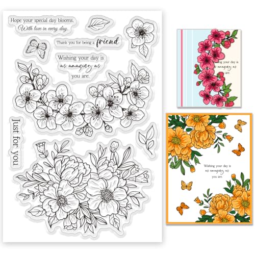 INFUNLY Overlay Flowers Clear Stamp Flower Language Blessings Wiederverwendbare Transparente Stempel Für Scrapbooking Blumen Schmetterling Wörter Silikonstempel Blätter Gummistempel Für Kartenherstell von INFUNLY