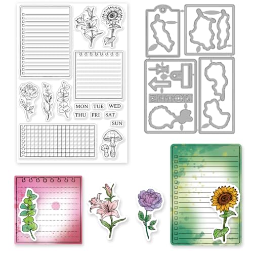 INFUNLY Pflanzennotizen Transparente Stempel Rechteckig Etikett Gestanzt Sonnenblume Datum Silikonstempel Cliprahmen Metall-Stanzform Lilie Pilz Transparente Stempel Für Kartenherstellung DIY Scrapbo von INFUNLY