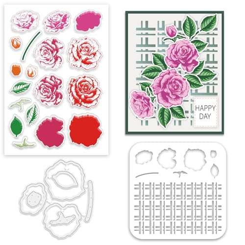 INFUNLY Set Mit Transparenten Stempeln Und Stanzformen Mit Mehrschichtigen Rosenblüten Und Wiederverwendbarer Vorlage Für Wandmalerei Mit Mehrschichtigen Rosen. Rote Rosen Transparente Silikonstempel von INFUNLY