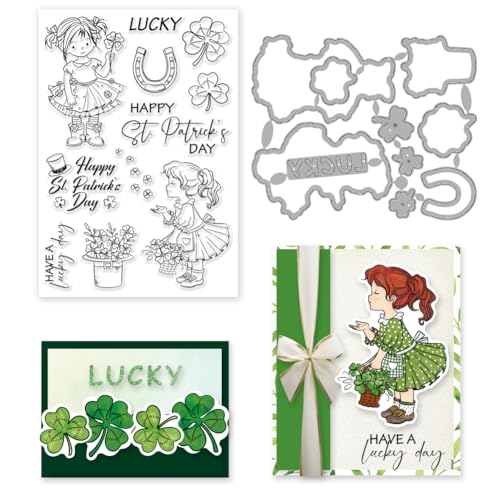 INFUNLY St. Patrick's Day Stempel und Stanzformen für Kartenherstellung, Glückskleeblatt-Stempel und Stanzformen, Hutwort, klarer Stempel und Metall-Stanzformen für DIY, Scrapbooking, Journaling, von INFUNLY