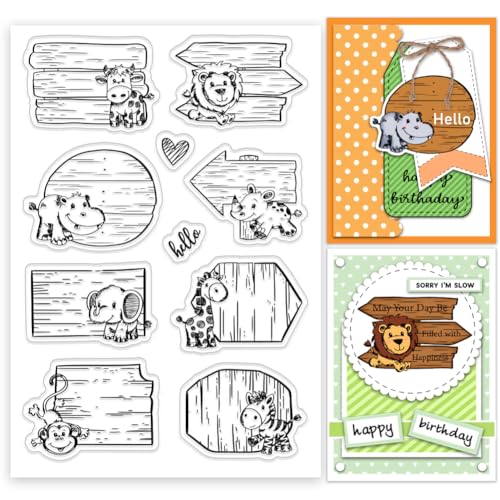 INFUNLY Tier Türschild Aus Holz Transparente Silikonstempel Zur Kartengestaltung Löwen Gummistempel Nilpferd Zebra Transparente Silikonstempel Süße Tier Stempel Siegel für DIY Scrapbooking Alben Dekor von INFUNLY