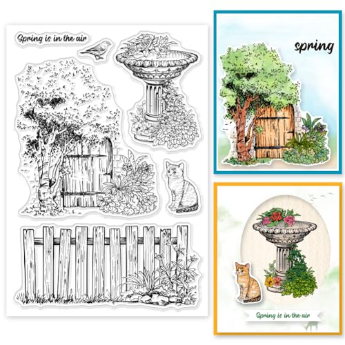 INFUNLY Transparente Stempel „Frühlingsblumen“ Für Die Kartenherstellung 6.3x4.3 Gartenzaun Brunnen Gummi Transparente Stempel Pflanzen Katze Transparente Siegelstempel Für Fotoalbum DIY Scrapbookin von INFUNLY