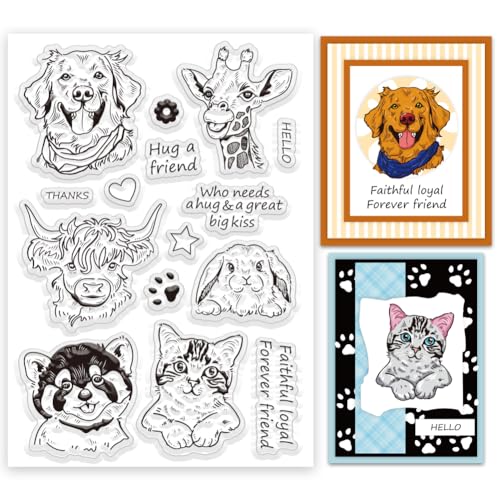 INFUNLY Transparente Stempel Mit Bunten Tieren Zum Gestalten von Karten. 6.3x4.3" wiederverwendbarer Transparenter Stempel Aus Silikon Mit Hund Transparenter Gummistempel Mit Katze Und Kaninchen Trans von INFUNLY