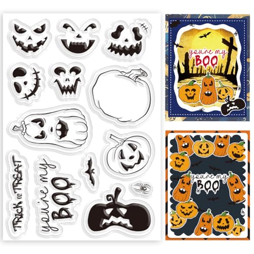 INFUNLY Transparente Stempel Mit Halloween Kürbis Zum Gestalten von Karten. 6.3x4.3" wiederverwendbarer Transparenter Kürbis Silikonstempel Mit Kürbis Ausdruck. Transparenter Siegelstempel. Fledermaus von INFUNLY