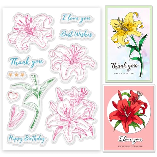 INFUNLY Transparente Stempel Mit Lilienblüte Zum Gestalten von Karten. Bunte Transparente Stempel Mit Blumenmuster. 6.3 × 4.3" transparente Siegelstempel Mit Frühlingsblumen Und Dem Wort „Happy Birthd von INFUNLY