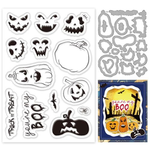 INFUNLY Transparente Stempel Und Stanzformen Für Halloween Kürbis Zum Gestalten von Karten. Wiederverwendbare Stanzform Mit Kürbis Ausdruck Und Transparenter Stempel. Metall Stanzform Mit Kürbismotiv. von INFUNLY