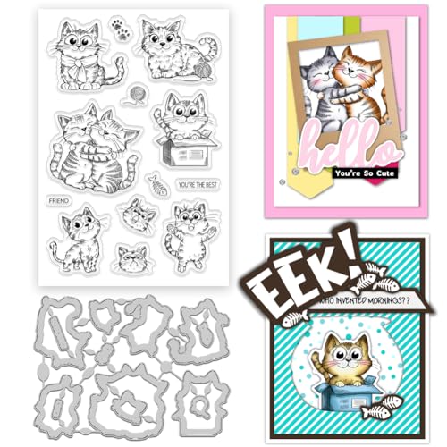 INFUNLY Transparente Stempel und Stanzformen für Kartenherstellung, 16 x 10,9 cm, Cartoon-Katze, Gummistempel und Stanzformen, Wunschwörter, transparente Stempel und Stanzformen für Weihnachten, von INFUNLY