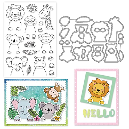 INFUNLY Tropische Tiere Clear Stamps and Dies Set Elefant Löwe Transparent Silikon Stempel Tiere Form Stanzformen Tierstempel und Stanzformen für Kartenherstellung DIY Handwerk Scrapbooking Grußkarte von INFUNLY