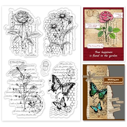 INFUNLY Vintage Blumen Clear Stamps Für DIY 1x2 Retro Rose Clear Silicone Stamp Libelle Gummi Stempel Vintage Schmetterling Transparent Stempel Für Kartenherstellung Dekoration Und Scrapbooking von INFUNLY