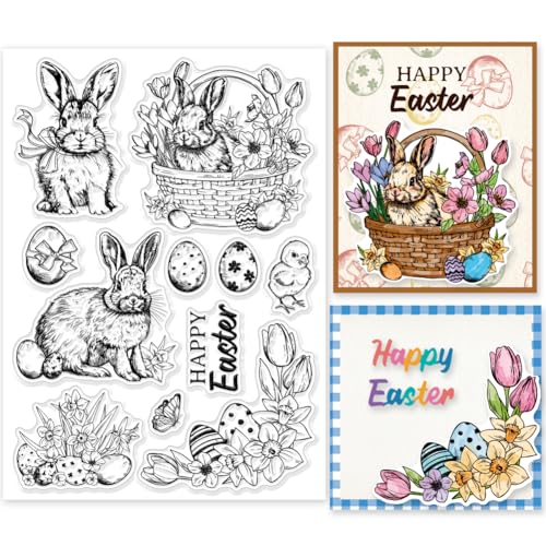 INFUNLY Vintage-Kaninchen-Klarstempel Fröhliche Ostern Worte Transparente Stempel Eier Gummistempel Blumen Silikonstempel Retro-Hase Transparenter Stempel Für Die Kartenherstellung Hühnerstempel Für von INFUNLY