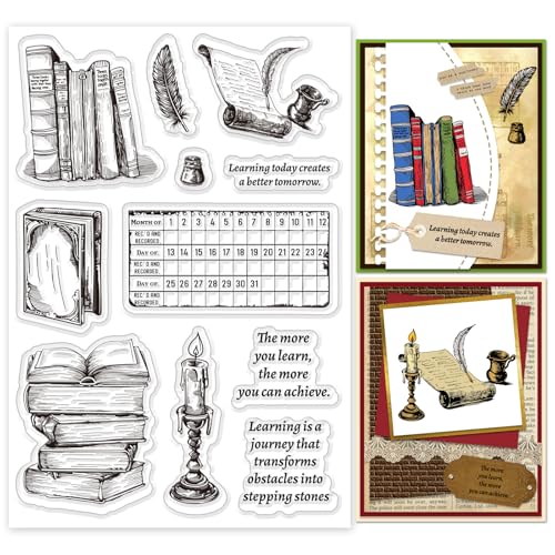 INFUNLY Vintage Lernstempel Für DIY 4.3"×6.3" Buch Transparente Stempel Studieren Clear Stempel Kalender Silikon Clear Stempel Retro Wörter Silikonstempel Für Kartenherstellung Scrapbooking von INFUNLY