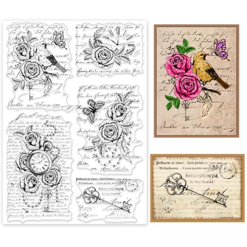 INFUNLY Vintage-Wörter-Hintergrund Transparente Stempel 8.3x11.7 Blume Schmetterling Silikon-Stempel Retro-Uhren Manuskript Transparente Siegelstempel Für Kartenherstellung DIY Scrapbooking Fotoalbu von INFUNLY