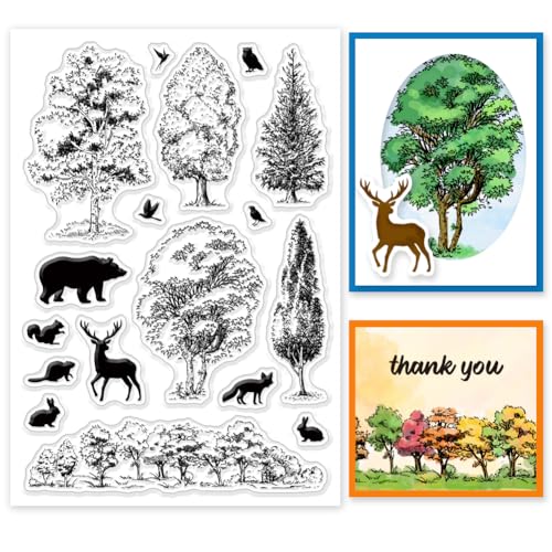 INFUNLY Waldtiere Transparente Stempel Für Die Kartenherstellung 6.3x4.3" Baum Bär Silikonstempel Elch Kaninchen Vogel Weihnachtsbaum Transparente Siegelstempel Für Dekoration Und DIY Scrapbooking Al von INFUNLY