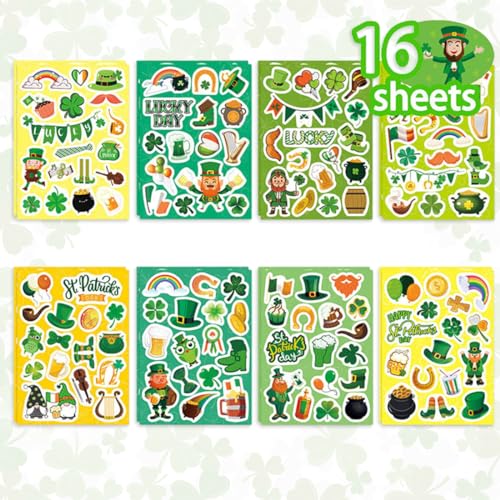 INGJIA 16 Pcs Glückliche St. Patrick's Day-Aufkleber, wasserfest, Irland-Motive, grüne Designs, Kinderaufkleber zum Basteln, für Wasserflaschen, Geschenke, für Umschlag Geschenktüten Papiertüten von INGJIA