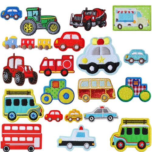 INGJIA 20 Pcs Baufahrzeug Patch Kit,Bügelflicken für Kinder Gestickte Applikation,Patches zum Aufbügeln Aufnäher zum Aufbügeln für T-Shirt,Jeans, Kleidung Taschen,Mützen,Reparieren Sie das Loch von INGJIA