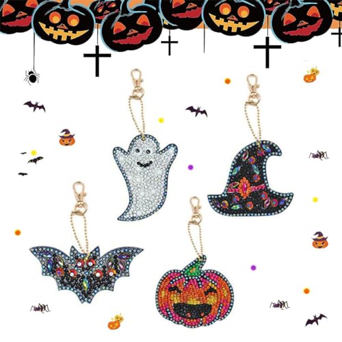 INGJIA 4 Stück Halloween Diamond Art Painting Schlüsselanhänger,Doppelseitige Kürbis Geist Diamant Schlüsselanhänger Anhänger Malerei Strass Kit,Gnom Mosaik Diamant Handwerks Anhänger von INGJIA