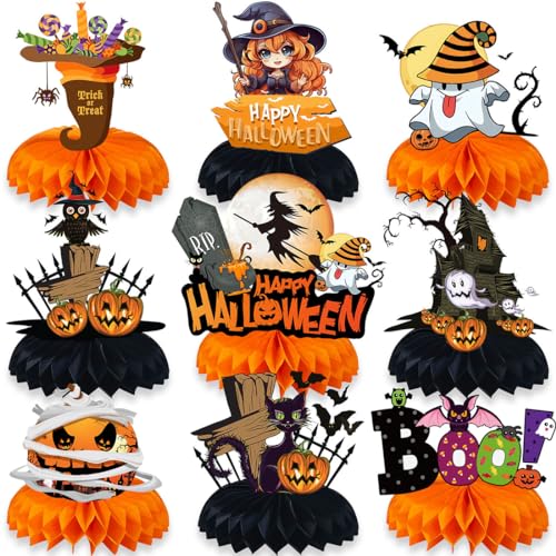 INGJIA 9 Stück Halloween Bienenwabe Mittelstück für Tischdekoration, Kinder Halloween Party Mittel Tabelle Topper, Schwarz Orange Lila Halloween Partydeko Kürbisse, Geister, Skelette, Mumien von INGJIA