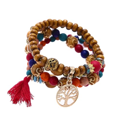 INGJIA Boho-Holzperlen-Armband für Damen, mehrschichtiges Stretch-Quasten-Armband-Set, Lebensbaum-Charm, Liebe, Statement-Armreifen（4 in 1） von INGJIA