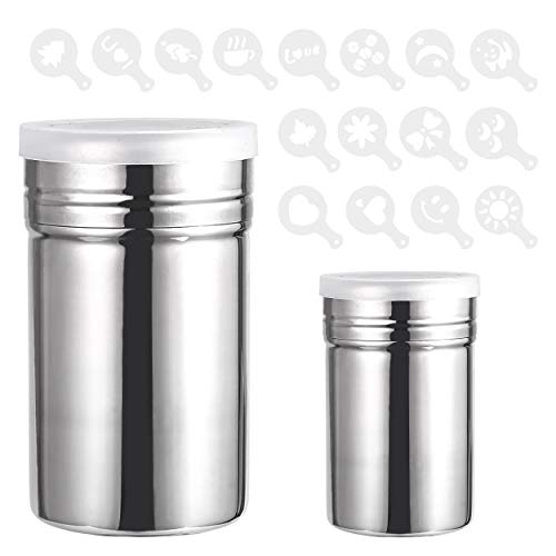 INHEMING 2 Edelstahl Powder Shakers, Mesh Shaker Pulver Dosen für Kaffee Kakao, mit 16 Stück Druckformen Schablonen von INHEMING