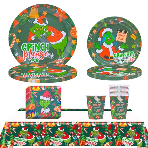 INHEMING 51 pcs Party Geschirr Set für Weihnachtsfeier,Grinch Weihnachtsteller Tassen Servietten Tischdecke, Weihnachts Geschirr Deko ,Pappteller, Papierservietten, Pappbecher, Tischtücher von INHEMING