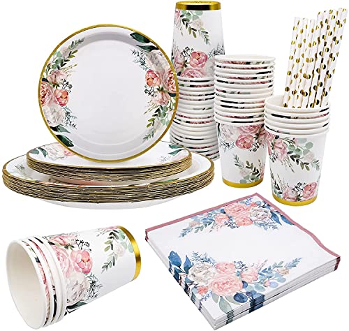 Partygeschirr Set Blumen für Mädchen,80 Stück Blumenmotiv Partyteller Pappbecher Servietten Strohhalme für Hochzeit Geburtstag Partys Baby Shower Weihnachten Deko(20 Gäste) von INHEMING