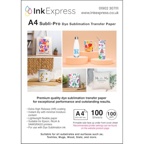 Ink Express Subli-Pro Sublimations-Transferpapier, A4, 100 g/m², kompatibel mit EPSON, SAWGRASS, RICOH, Brother Sublimationsdruckern (100 Blatt) von INK EXPRESS