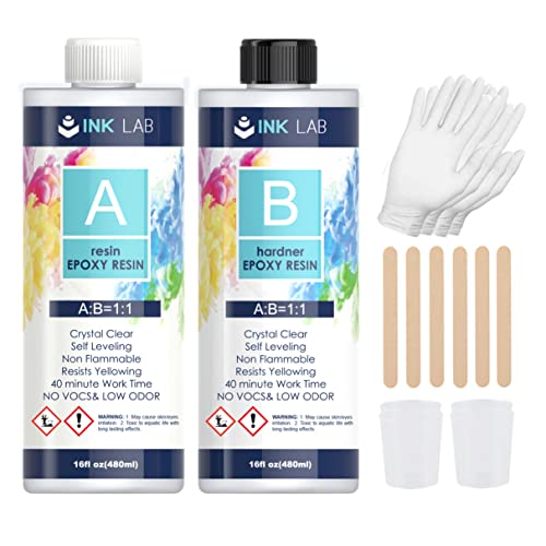 INK LAB Epoxidharz Set 960ml Epoxidharz mit Härter 1: 1 Verhältnis Glasklar Gießharz mit Holzstäbchen Handschuhe Epoxidarz für Holz Schmuckherstellung Kunst Handwerk von INK LAB