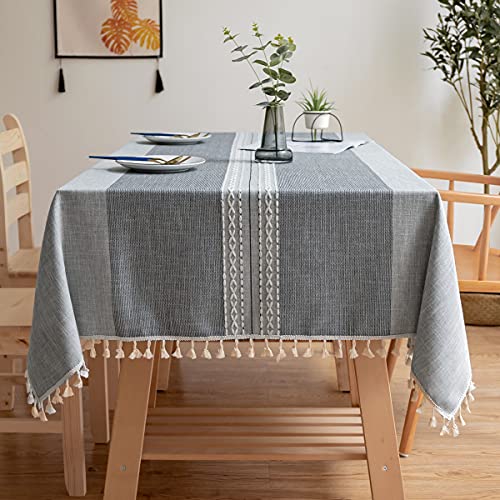 INKAROBOX Fleckenabweisende Tischdecke rechteckig aus Baumwollleinen mit Quastenrand abwischbar aus Pulver für den Esstisch (grau, 140 x 220 cm) von INKAROBOX