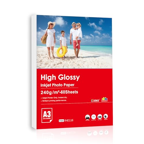 Inkuway A3 240 g/m² 60 Blatt glänzendes Inkjet-Fotopapier für professionellen Druck für Tintenstrahldrucker von INKUWAY