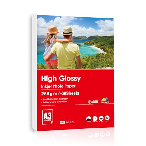 Inkuway A3 Glänzendes Inkjet Fotopapier, dickes, 260g/m², 60 Blatt, Premium Glänzend, Sofort Trocken, Wasserfest, für Tintenstrahldrucker, Kartendruck, Fotodruck, DIY-Drucke von INKUWAY