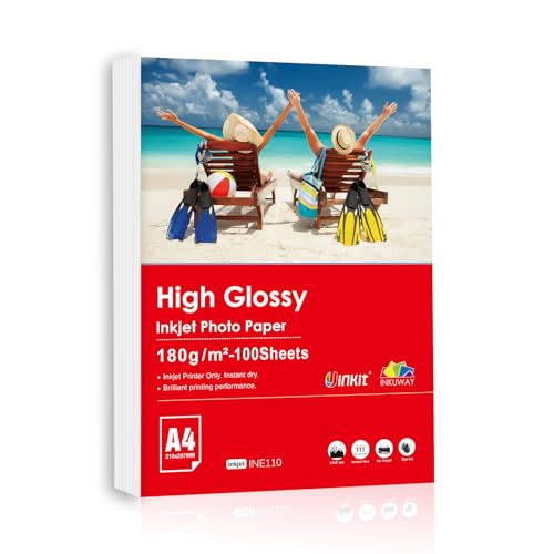 Inkuway A4 100 Blatt Premium Hochglanz-Fotopapier 180 g/m² für Tintenstrahldrucker für Heimwerker, Fotodruck usw von INKUWAY