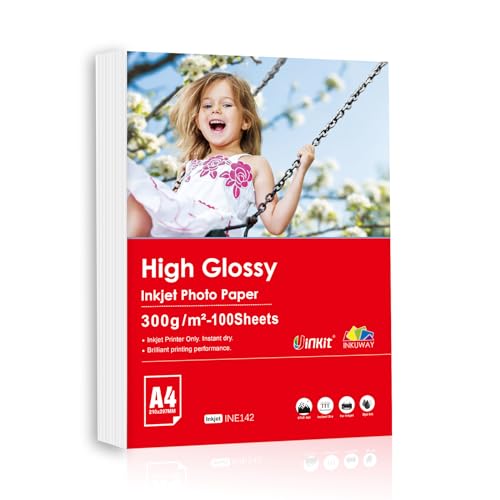 Inkuway A4 schweres, dickes Fotopapier, 300 g/m², Tintenstrahldrucker, 100 Blatt, glänzende Oberfläche zum Drucken von Fotos, Grußkarten, Postkarten von INKUWAY