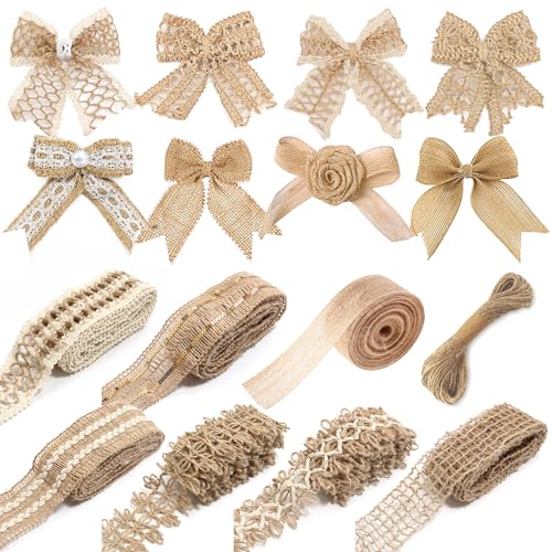 8 Stk Sackleinenbögen Fliege mit 8 Rollen Juteband Sackleinen Band Burlap Band für DIY Nähen Handwerk Geschenkband Wrapping rustikaler Bowknot Party Urlaub und Hochzeit Dekoration von INLAZTIM