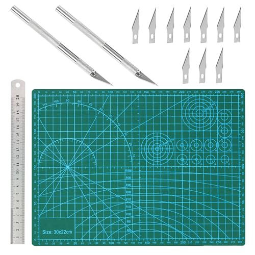 INNAL 14 Stück Schneidematte Set Selbstheilende Bastelunterlage Cutting Mat Doppelseitig Bastelmatte mit Bastelmesser Stahllineal Klingen Schneideunterlage für Handwerk (A4) von INNAL