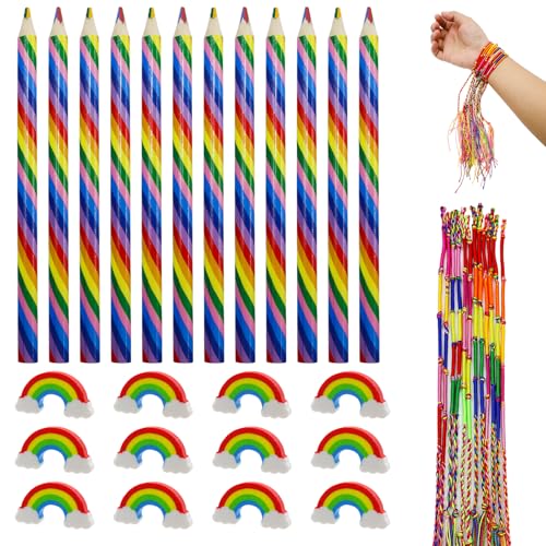 INNAL 36 Pcs Regenbogenstift Set, 12 Regenbogenstifte 12 Radiergummi mit 12 Freundschaftsbänder 4 in 1 Regenbogenstifte Kinder Dreikant Regenbogenstift Buntstifte für Skizzieren Färbung Zeichnung von INNAL