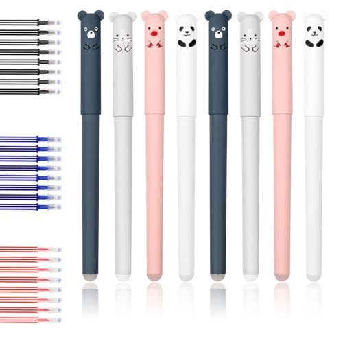 8 Stück Cartoon Radierbarer Kugelschreiber, Tintenroller Radierbar mit 24 Stück Nachfüllungen 0.35mm Löschbarer Gelstift Panda Gelschreiber Radierbar Erasable Pen Set für Erwachsene Kinder Studenten von INNAL