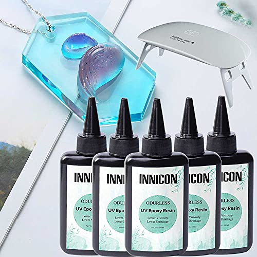 100 ml x 5 geruchloses UV-Harz-Epoxid-Set mit UV-LED-Härtungslampe, transparent, kein Vergilben, harter Typ UV-Harz, Epoxidharz für DIY-Design, Anhänger, Ohrringe, Armbänder, Basteln, Schlüsselring von INNICON