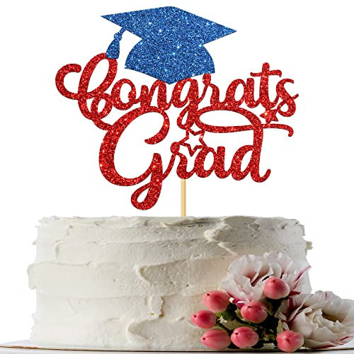 INNORU Congrats Grad Cake Topper Glitzer, 2022 Graduation Cake Topper, Educated AF Cake Decor, College Graduated High School Master Doctor Graduation Party Decoration Supplies Navy Blue & Red von INNORU