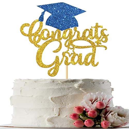 INNORU Congrats Grad Cake Topper Glitzer, 2022 Senior Graduation Cake Topper, Educated AF Cake Decor, College Graduated High School Master Doctor Graduation Party Decoration Supplies Gold & Navy Blue von INNORU